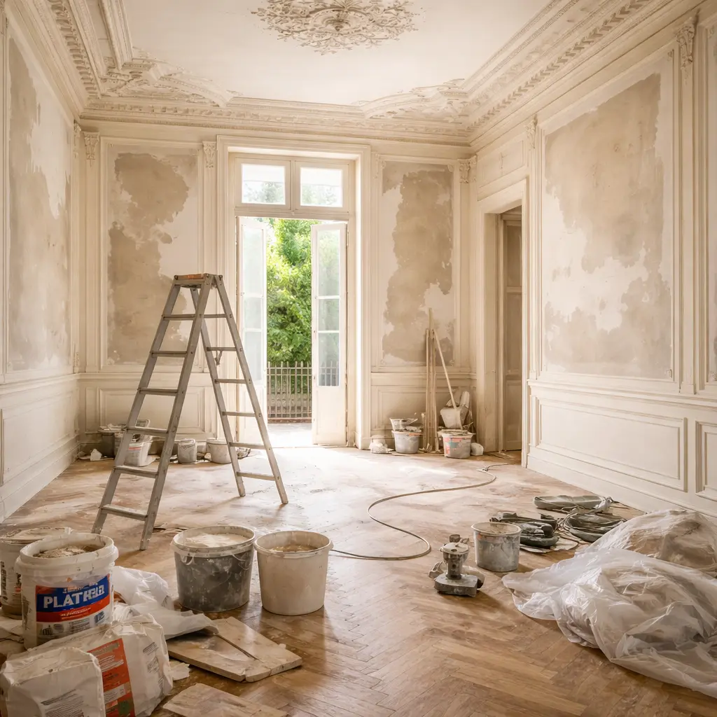 Rénovation intérieure de bâtiment avec travaux de finition et maçonnerie